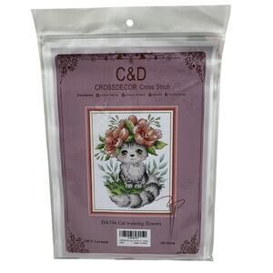 C&D Cross Stitch Kit Cat Wearing Flowers 18x22cm DIY Embroidery NEW